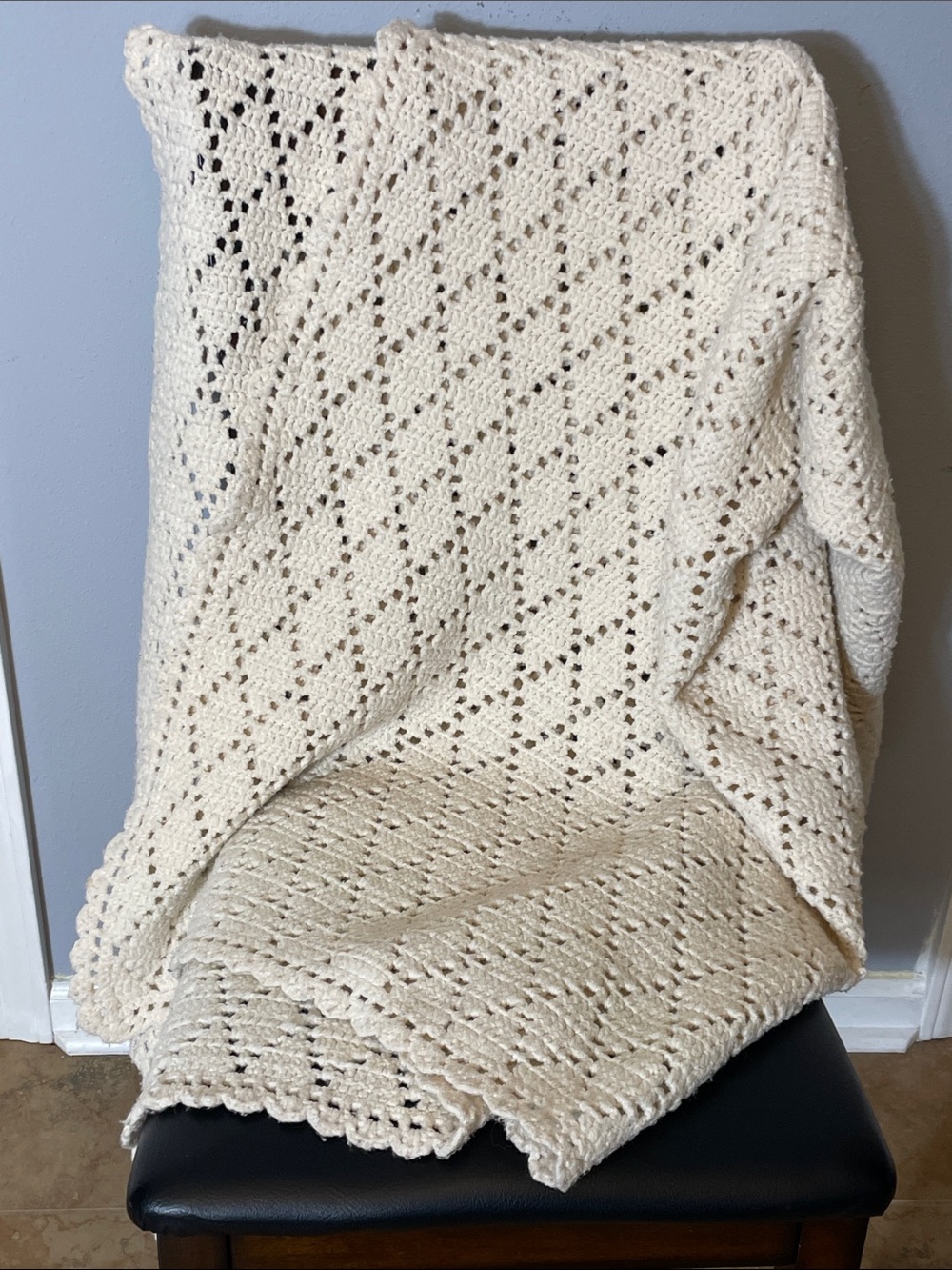 Handmade Knit Afghan Throw Blanket White Cream Cottage 57x53 Grandma Crochet